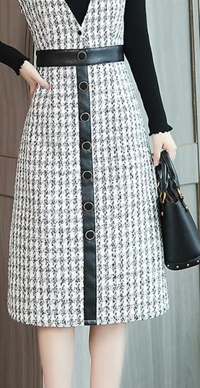 vest dress only Платье на тонких бретелях, женские зимние платья, офисный Женский Топ с длинным рукавом, однобортный комплект из 2 предметов, Осенние костюмы - Цвет: vest dress only