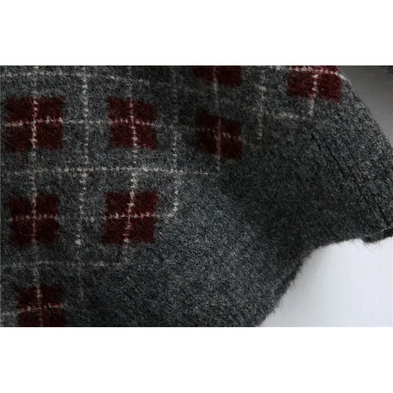 Evfer Autumn Women Casual Argyle Gray Za Knitted Pullover Sweaters Feamel Fashion Double Breasted Turndown Collar Polo Sweater | Женская