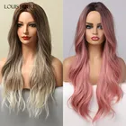 Синтетический парик LOUIS FERRE с длинными волнами, парики с эффектом омбре, светлыечерные розовые парики для женщин, парики для косплея из натуральных волос средней части, термостойкие