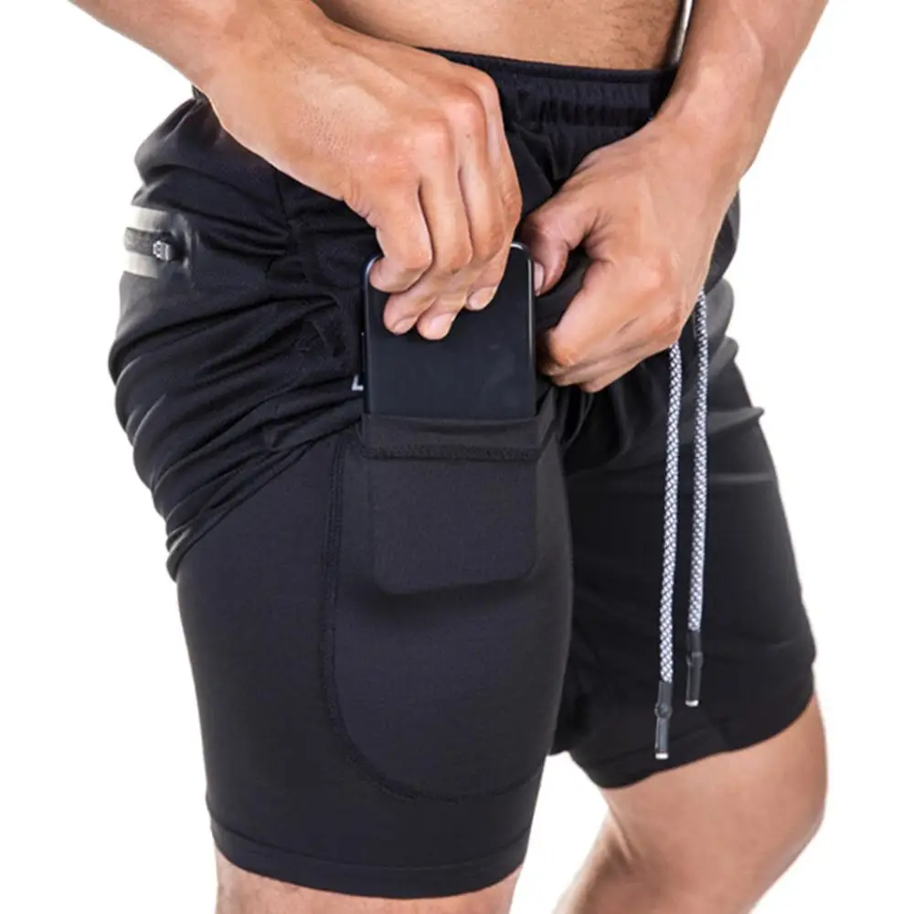 

Men Double Layer Phone Pocket Running Shorts Gym Fitness Training Quick Dry Beach Shorts