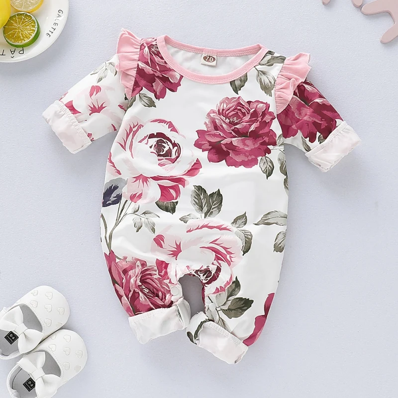 

2020 Baby Clothing Newborn Infant Jumpsuit Toddler Kids Long Sleeve Floral Print One-piece Garment Romper Hot