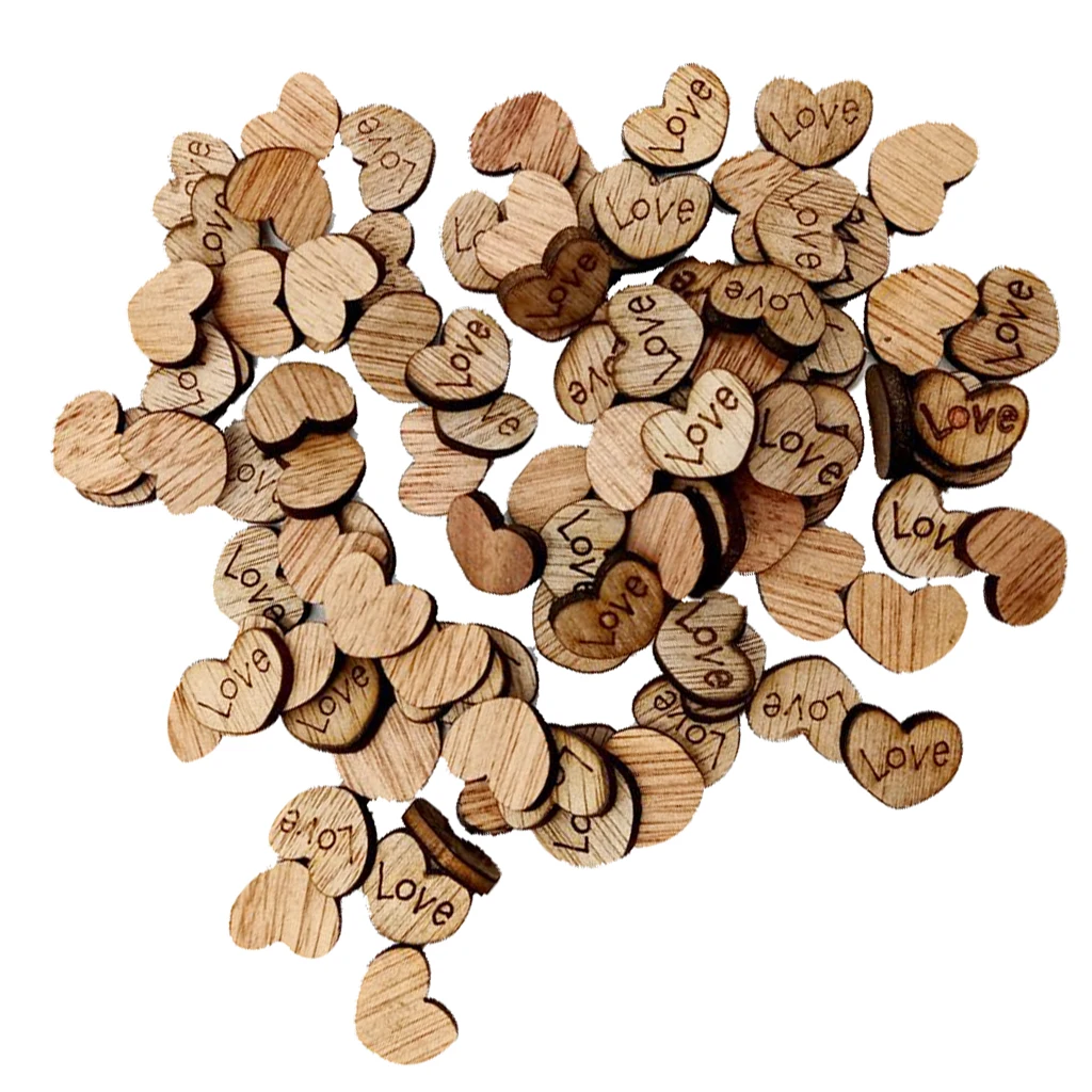 

100 Pieces Wood Shapes Unfinished Heart Love Printed Slice for Craft 12x15mm