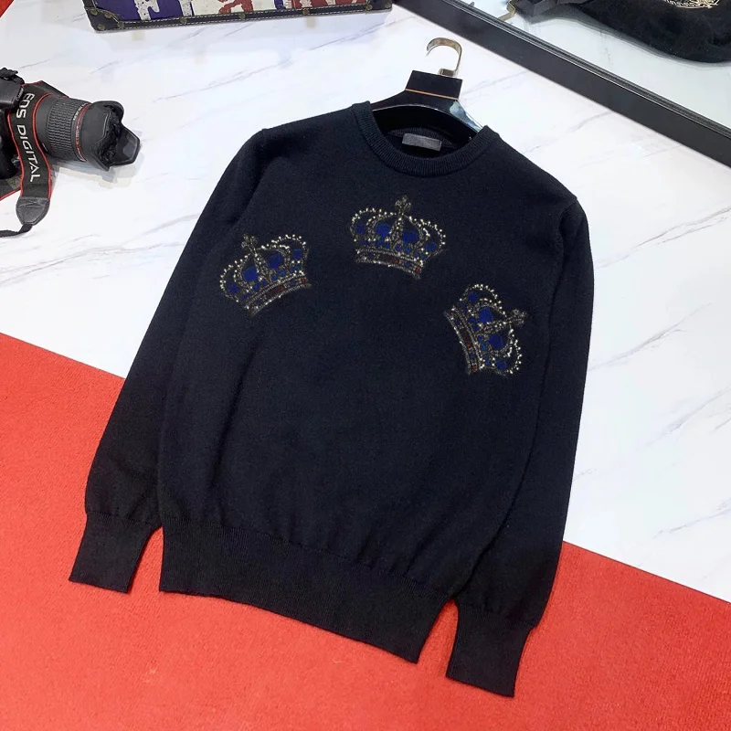 

Luxury Cashmere Thick Oversized Brand Men's Sweater Crown Rhinestone Long Sleeve Winter Top Head Pullover