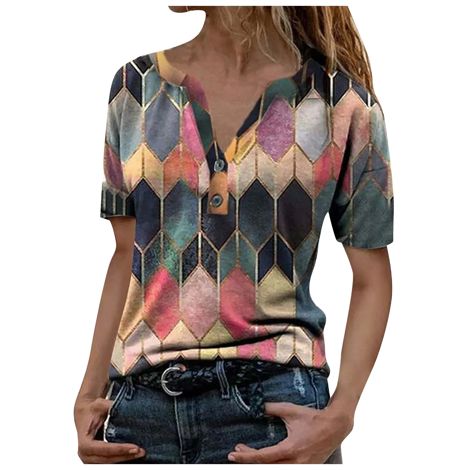 

Fashion Women's Summer new Printed Short Sleeve V- Neck Collar T-Shirt Tops Skinny Half Sleeve Clothes Women Slim Under Wear