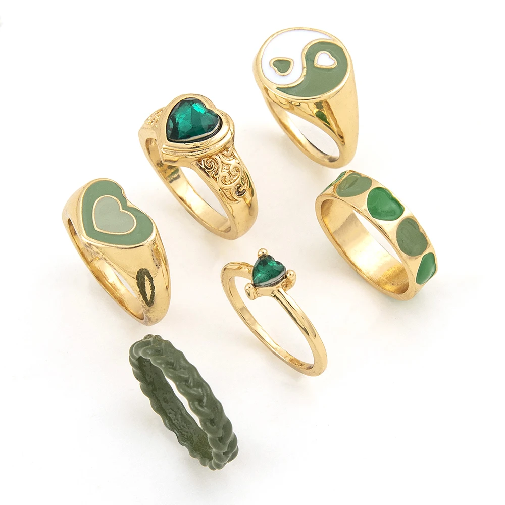 Sindlan 6 шт. эстетические золотые кольца с кристаллами для женщин Kpop милые зеленые