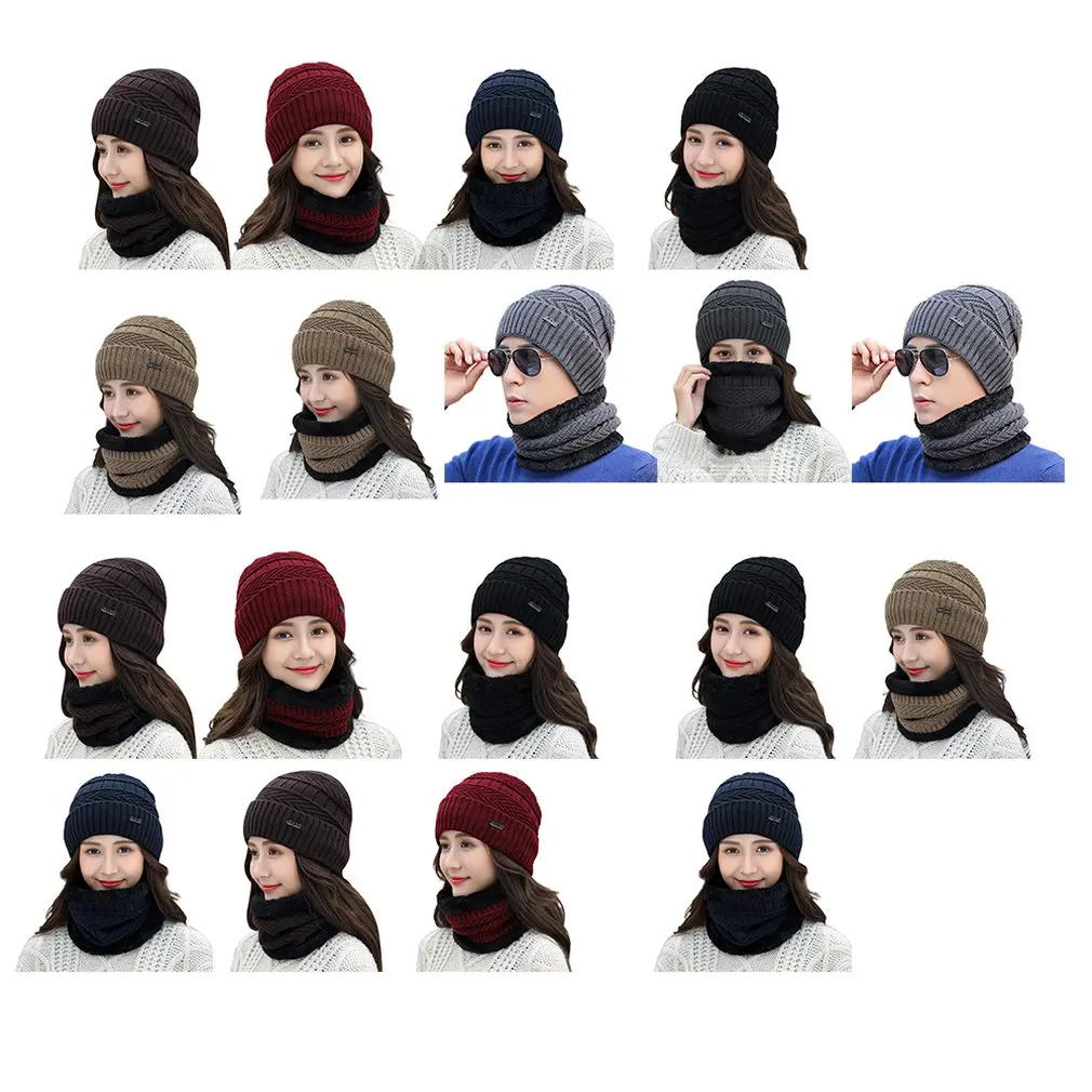 

3Pcs Scarf and Hat Winter Women Knitted Pompom Beanie Hat Thick Warm Cap Scarf Set Winter Women Accessories warm wool yarn new