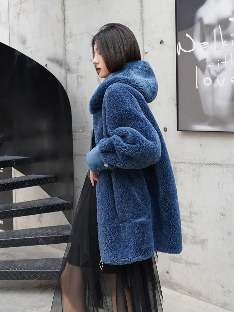 Женское шерстяное пальто из овечьей шерсти Длинная зимняя куртка с капюшоном и