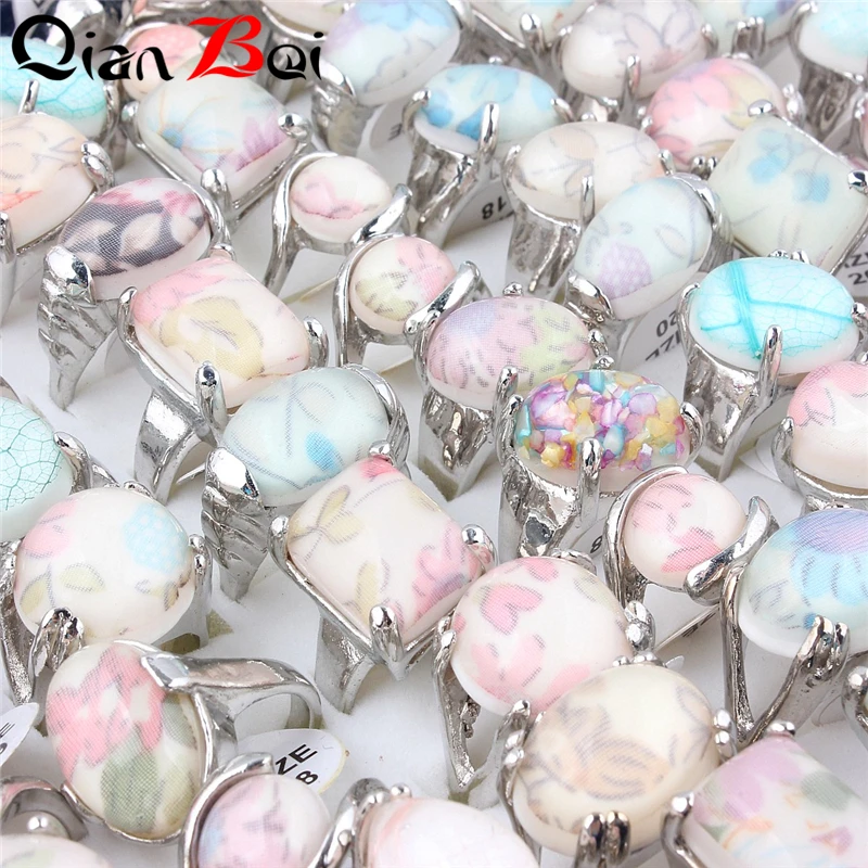 

QianBei Wholesale 10pcs Lots Woman Fashion Jewelry with Round Shape Rainbow Stone Engagement Wedding Ring Fine Jewelry Gift