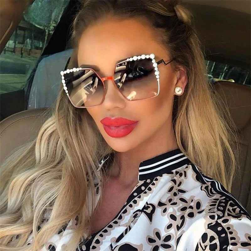 

Oversized Square Sun Glasses Ladies 2021 New Luxury Pearl Sunglasses Women Brand Designer Fashion Shades big Square