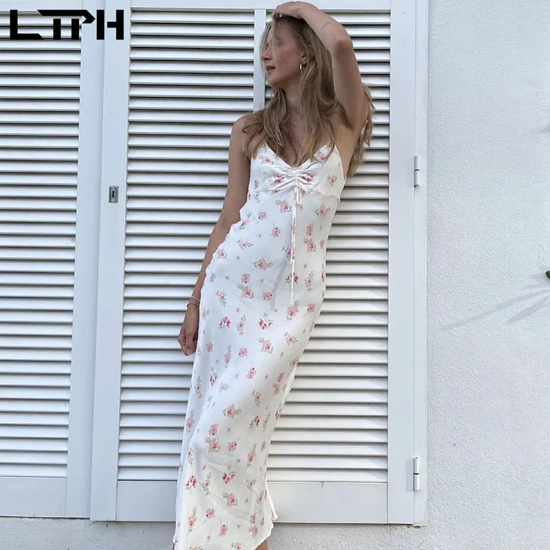 

LTPH ins vintage floral satin dress women silky texture mid-length sexy sleeveless camisole elegant dresses 2021 summer new