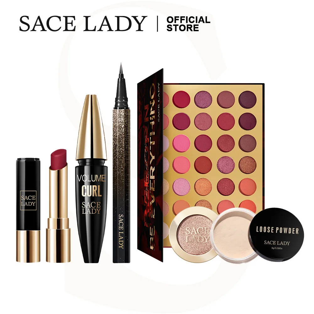 

SACE LADY Full Makeup Set Eyeliner Eyeshadow Palette Mascara Lipstick Highlighter Loose Powder Make Up Kit 6pcs Cosmetic