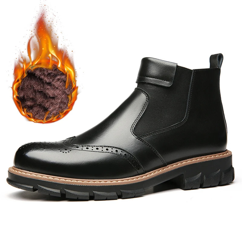 Мужские ботинки Челси Зимняя обувь из натуральной кожи с толстым плюшем