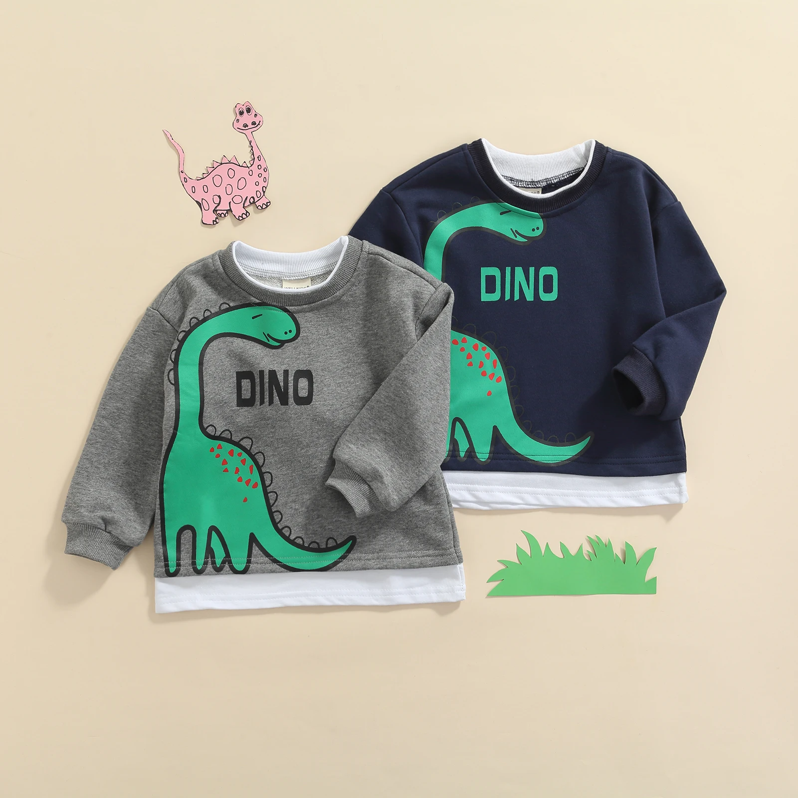 

Spring Autumn Little Boys Cartoon Toddlers Dinosaur Letter Printing Long Sleeve Round Collar Tops Casual Clothes