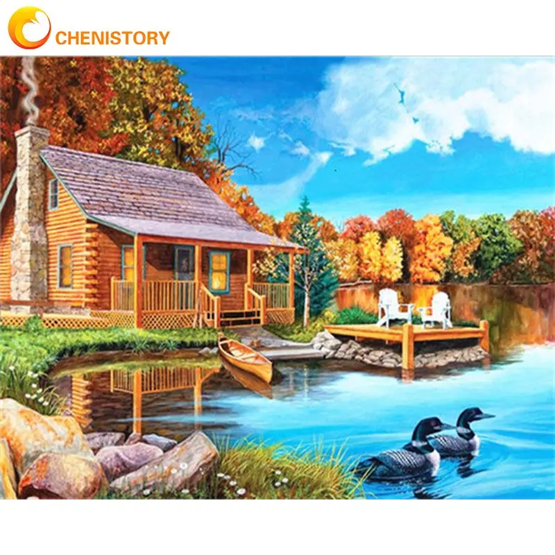 

CHENISTORY Frame Diy Paint By Numbers Kits Acrylic Wall Art Home Decors Modern Mountain Lake Coloring By Numbers For Diy Gift