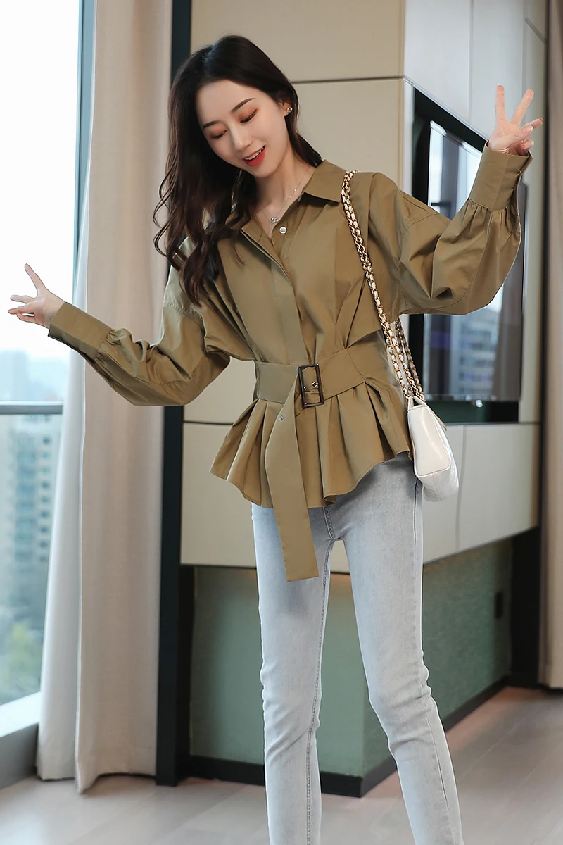 

2021 Spring/Summer New Fashion Trendy Shirt Women's Waist Belt Lantern Sleeve Short Jacket