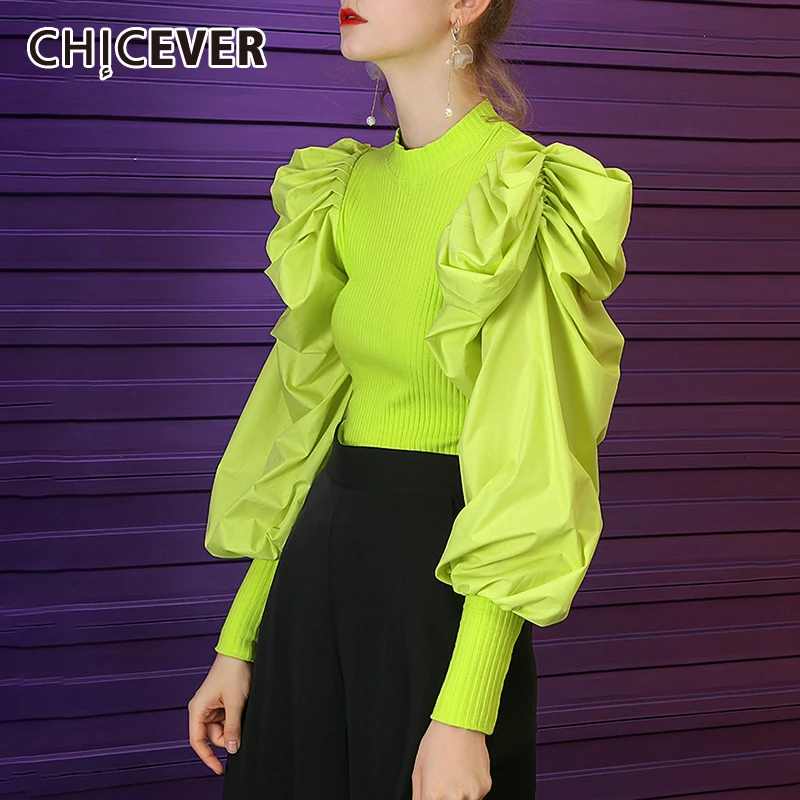 CHICEVER корейский вязаный свитер для женщин с круглым вырезом и пышными рукавами