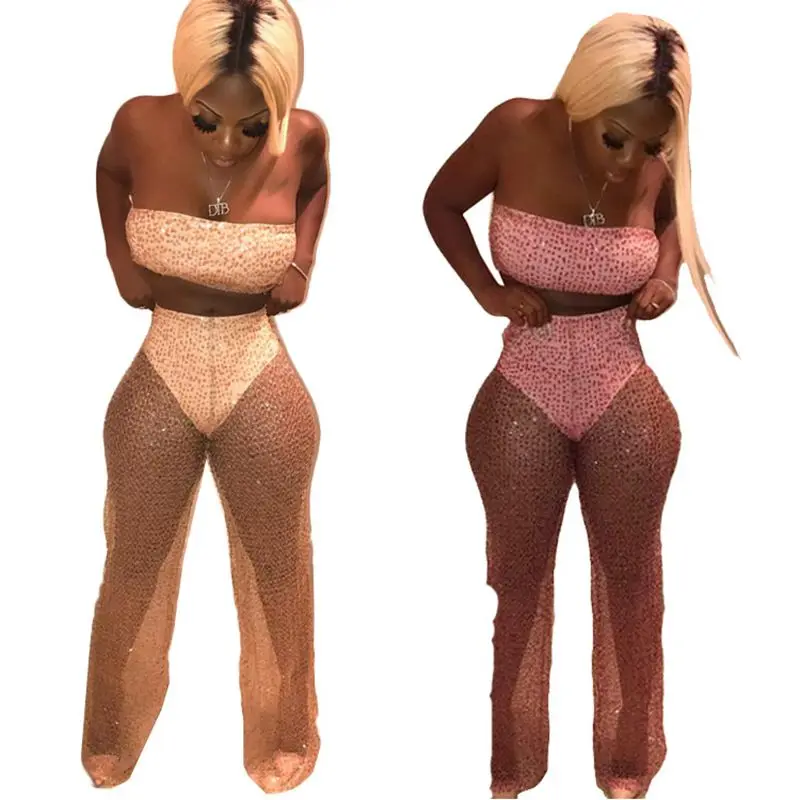 Женский Блестящий укороченный топ с блестками и штаны комплект из двух предметов