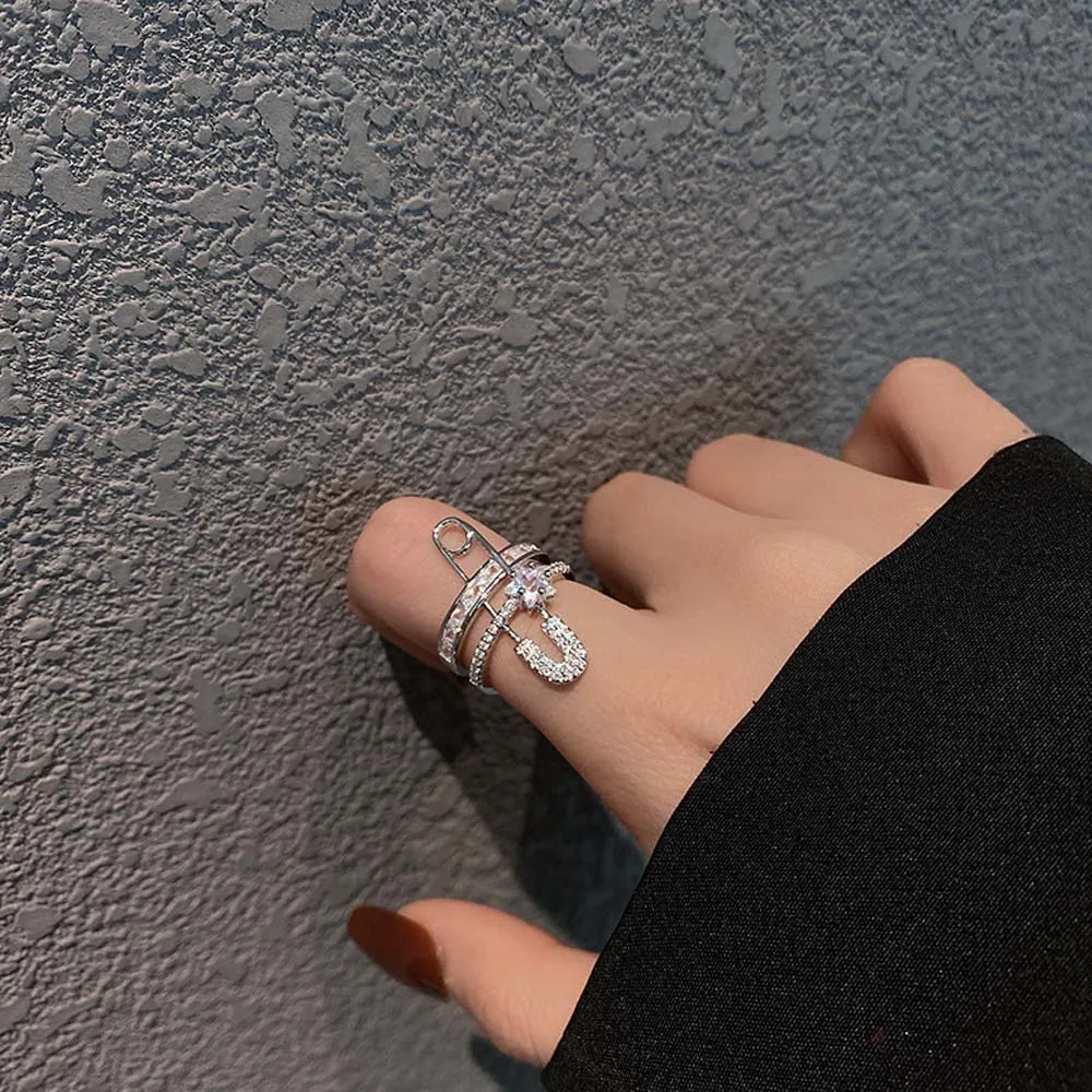 

2021 Trendy Ring Exaggerated Micro-Inlaid Zircon Open Ring Pin Design Double Layer Finger Jewelry For Woman