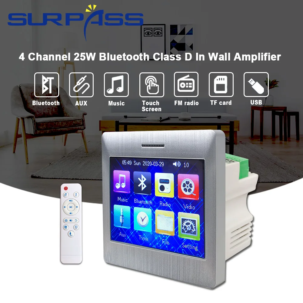 

4 Channel 25W Bluetooth Class D In Wall Amplifier Audio Touch Screen for Speaker Smart Home Theater Cinema System FM Radio Aux