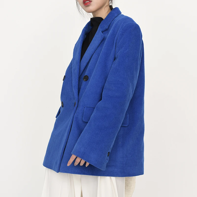 

[EAM] Women Blue Big Size Corduroy Blazer New Lapel Long Sleeve Loose Fit Jacket Fashion Tide Spring Autumn 2021 1DA50905