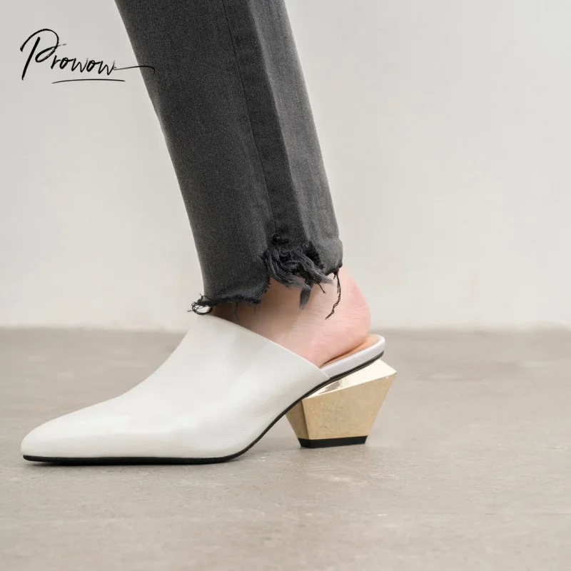 

Prowow Fashion Spring Summer Genuine Leather Shoes Woman Slippers Pointed Toe Chunky Heel Women Shoes Slippers Mules Shoes Woman