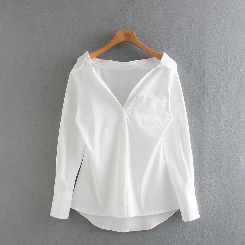 Женская блузка из чистого белого поплина ZA с глубоким V-образным вырезом и