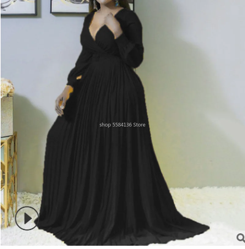 Женское платье Макси плиссированные платья с завышенной талией поясом и v