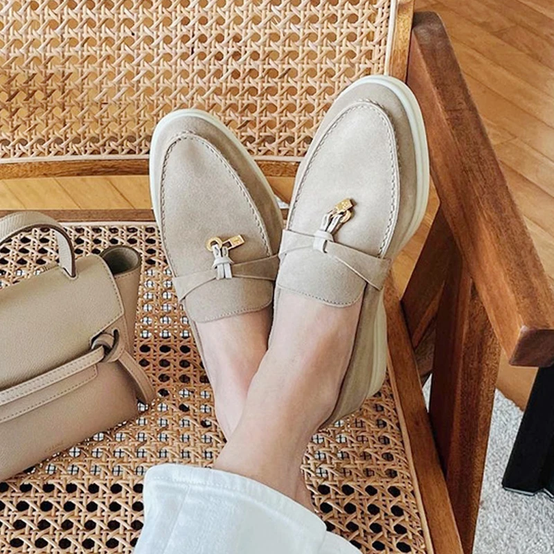 

Genuine Leather Loafers Cow Suede Comfortable Boat Flat Shoes Women White Sole LP Luxury Causal Summer Charms Walk Moccasin
