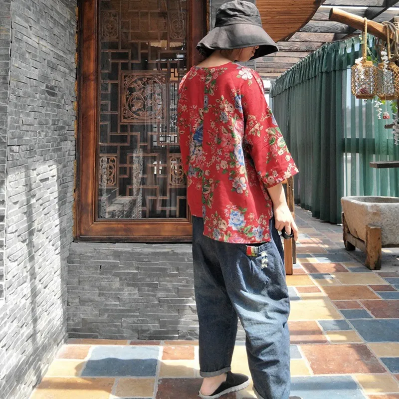 

Johnature New Vintage Print V-Neck Three Quarter Sleeve Tops 2021 Summer Pullover Irregular Loose Cotton Linen Women Shirts