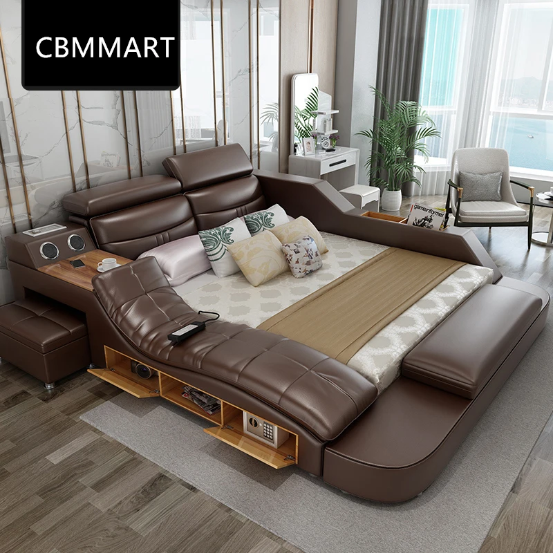 Black leather bed modern style bedroom sets with massage and speaker | Мебель
