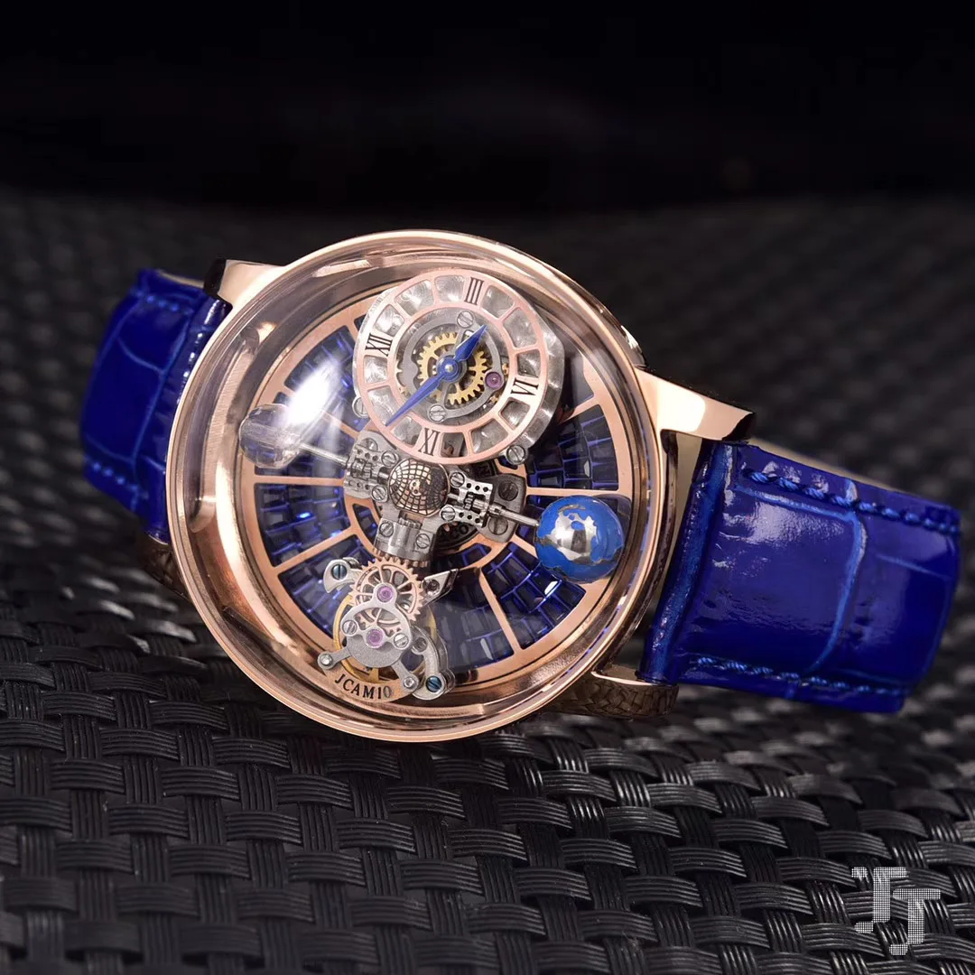 

Luxury Brand New Japanese Quartz Mens Watches Rose Gold Runway European Designer Blue Leather Tourbillion Watch Diamond Earth