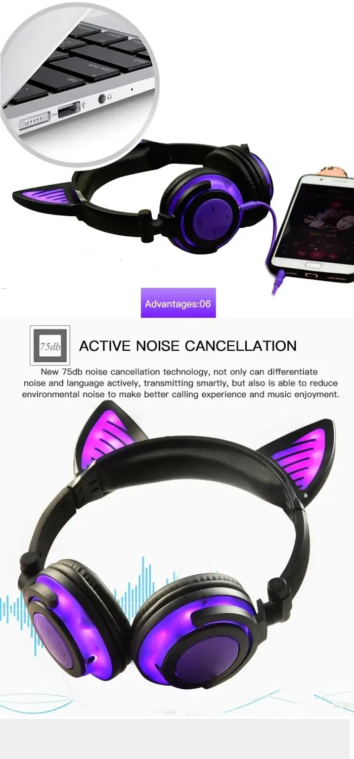 Bluetooth Стерео милые кошачьи наушники мигающие светящиеся игровая гарнитура