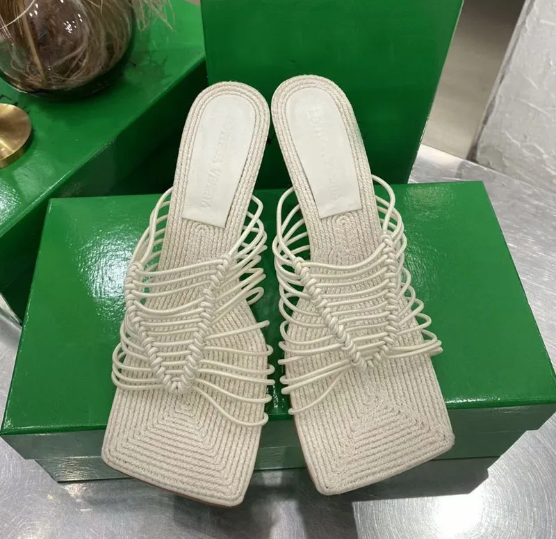 

Prowow 2021 Summer New Shoes Women White Elastic Strap Sandals Slides Square Toe High Heel Slipper Leather Party Wear Shoes