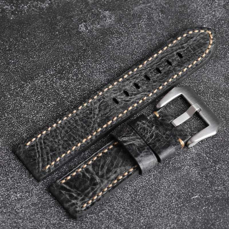Ремешок мягкий из натуральной кожи для часов Panerai дымчато-темно-серый браслет