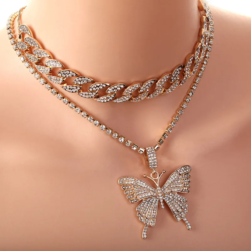 Exaggerated micro-inlaid rhinestone geometric necklace women retro suit Cuban chain big butterfly necklace butterfly necklace