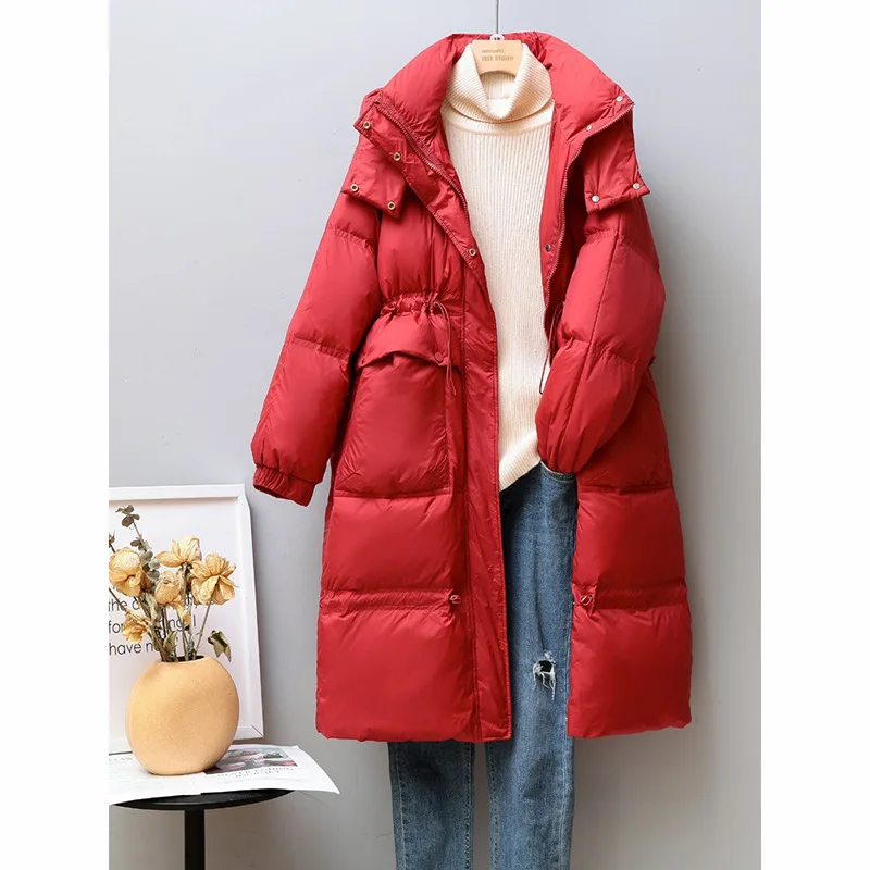 

Down Jacket Female 2021 Winter Brand Long Thin With Belt Mid-length New Korean White Duck Thickened Coat Fashion Loose Zipper