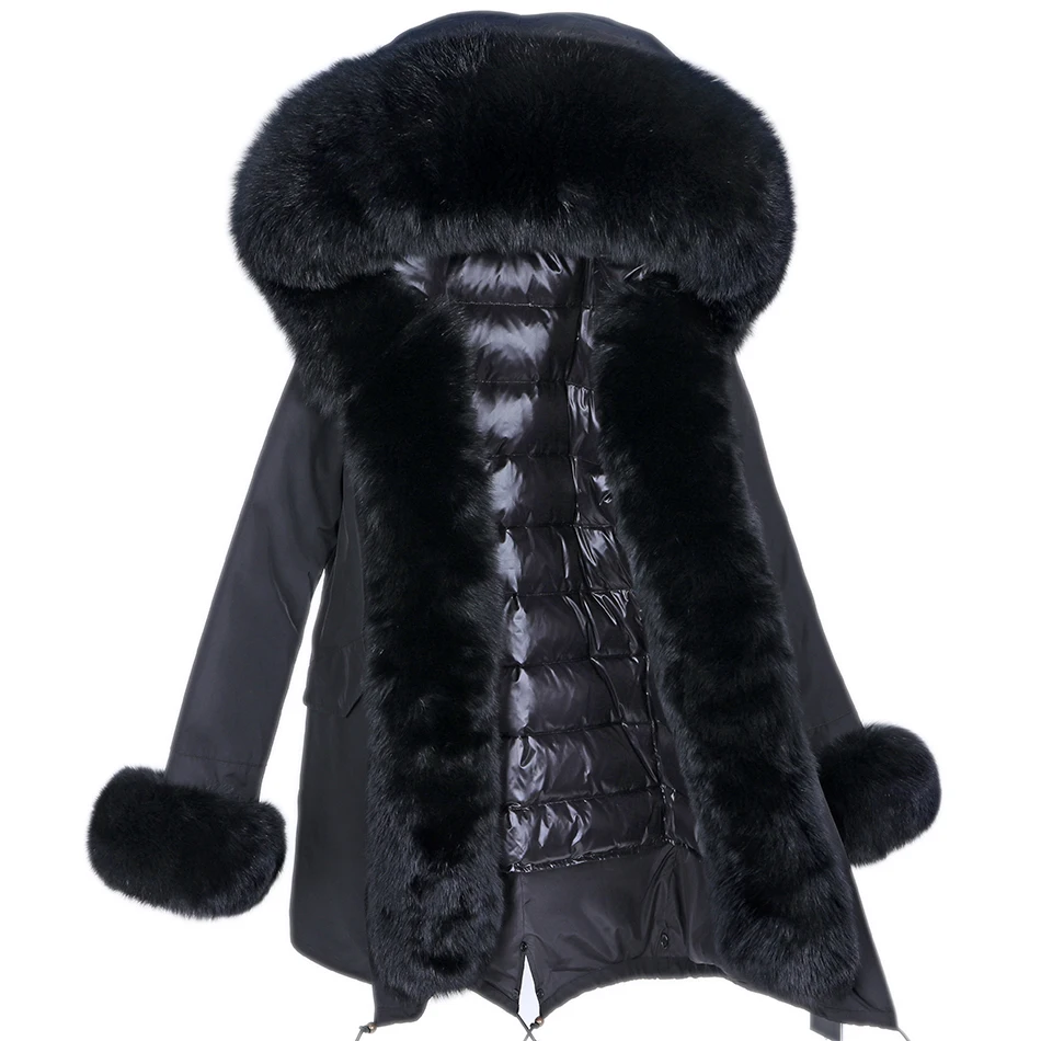 MAOMAOKONG Natural real fox fur with cuff fur Women's Jacket Thick Parka Coat Natural Real Fox Fur Collar Removable lining