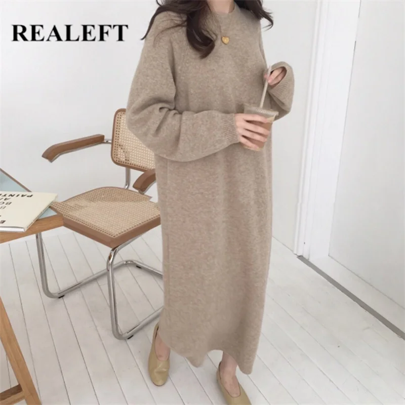 Женское трикотажное платье свитер с длинным рукавом и круглым вырезом|Женские