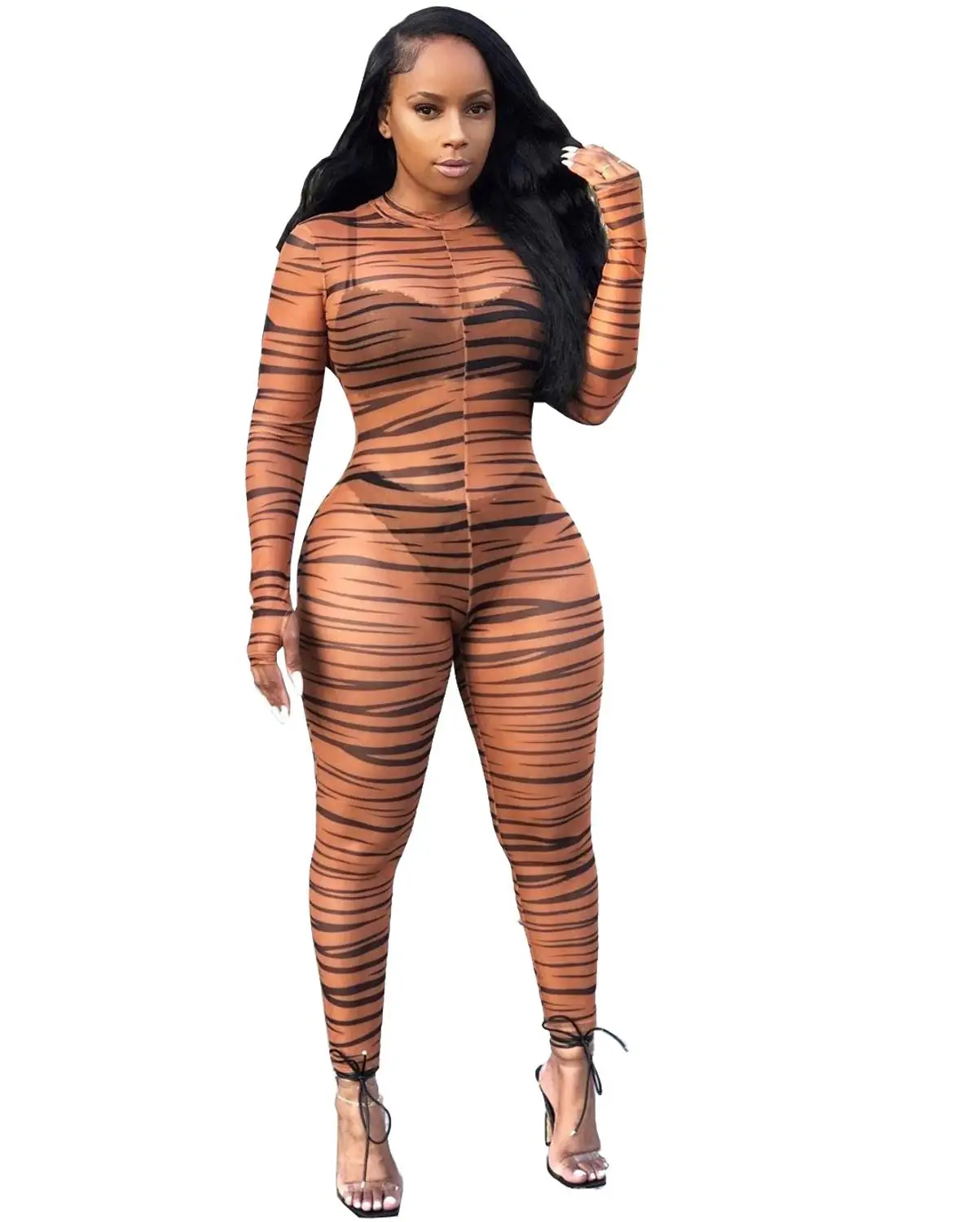 Комбинезон женский сетчатый с длинным рукавом и высоким воротником принтом