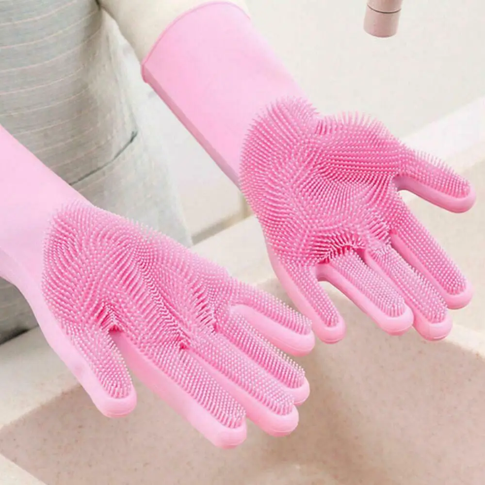 

New 1Pair Dishwashing Cleaning Gloves Magic Silicone Rubber Dish Washing Sponge Rubber Scrub Gloves Kitchen Clean Tool Scrub