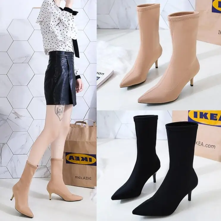 Ботинки до середины икры женская обувь женские ботинки на высоком каблуке