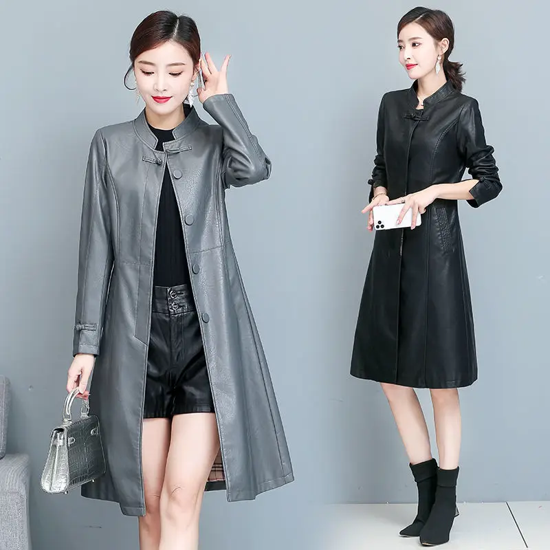 

Genuine Leather Leather Jacket Women's Mid-Length Middle-Aged Women's Slim Slimming Leather Trench Coat Stand-Up Collar Sheep Le