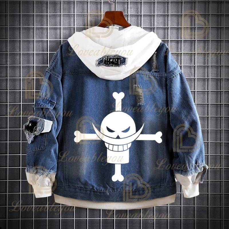 

Men Women Spring Long Hoodies Harajuku Anime Jeans Jacket White Fashion Denim Coat Patchwork Knitted Sweatshirts