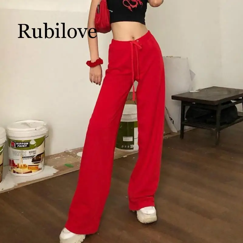 

Rubilove Осенние повседневные лаконичные брюки с высокой талией, универсальные брюки с вышитыми буквами, красные женские длинные брюки, женски...
