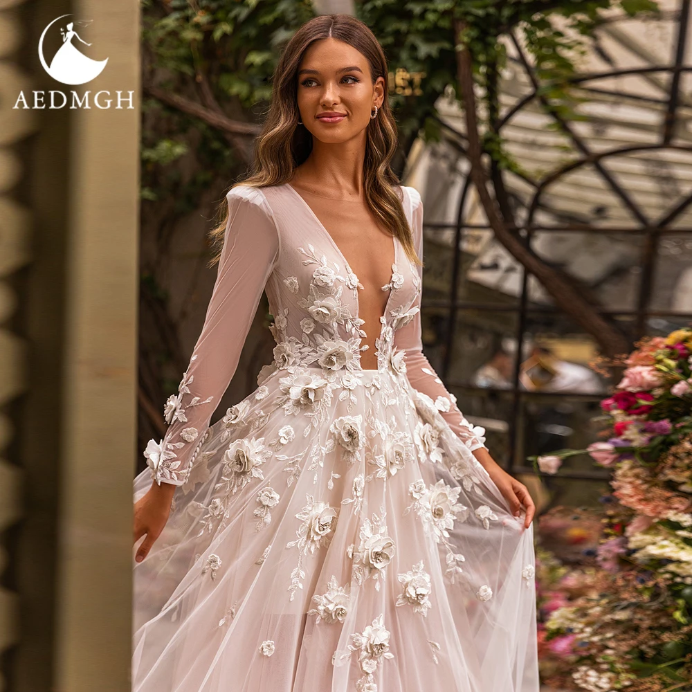 

Aedmgh A-Line Beach Wedding Dresses 2022 V-Neck Long Sleeve Illusion Bride Dress Gorgeous Appliques Boho Romantic Bridal Gowns
