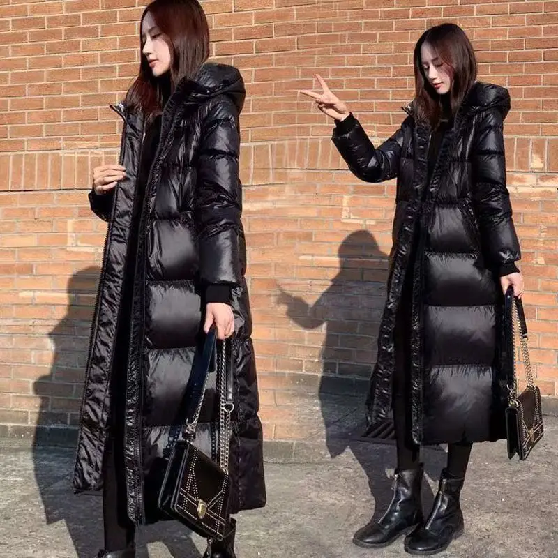 

2021 New Style Down Padded Jacket, Long Over-the-knee Black Korean Loose Down and Warm Pure Color Padded Jacket Coats