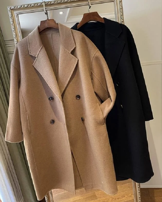 

Welfare Qing suit collar sheep silhouette double breasted double-sided tweed coat women's middle and long winter