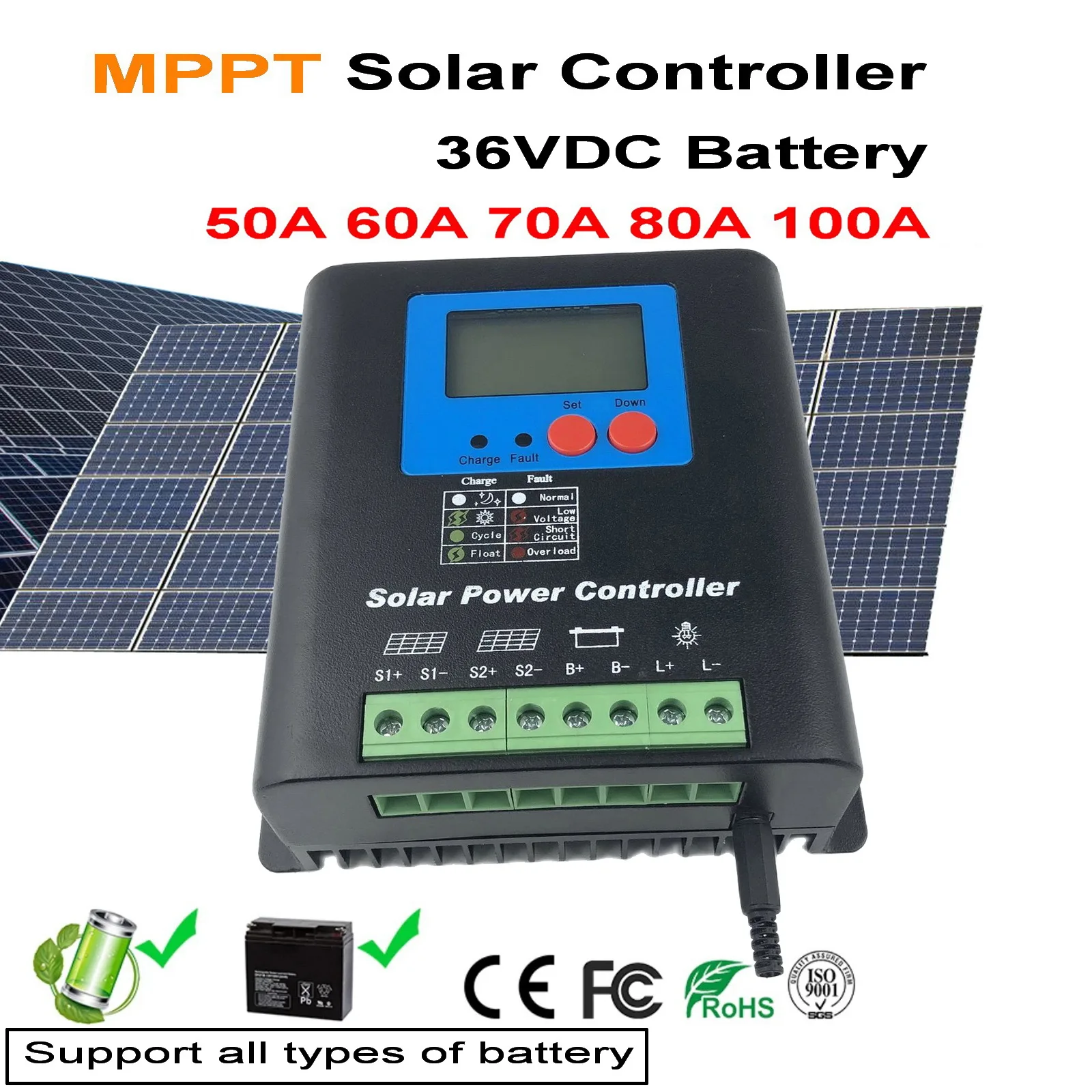 

Контроллер солнечного зарядного устройства MPPT 50A 60A 70A 80A 100A, ЖК-дисплей, 36 В 48 В аккумулятор, высокоэффективный Регулятор солнечной энергии, с...