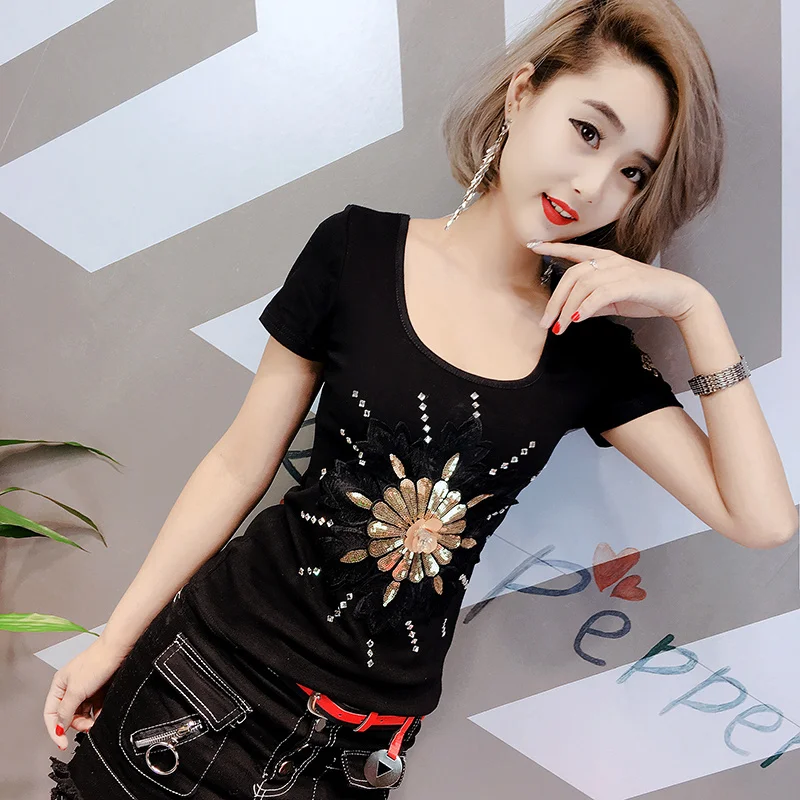 

#7126 Black Red Green Women's T-shirt With Sequins Cotton O Neck Sexy Basic T Shirt Femme Slim Casual Womens Tshirt Short Sleeve