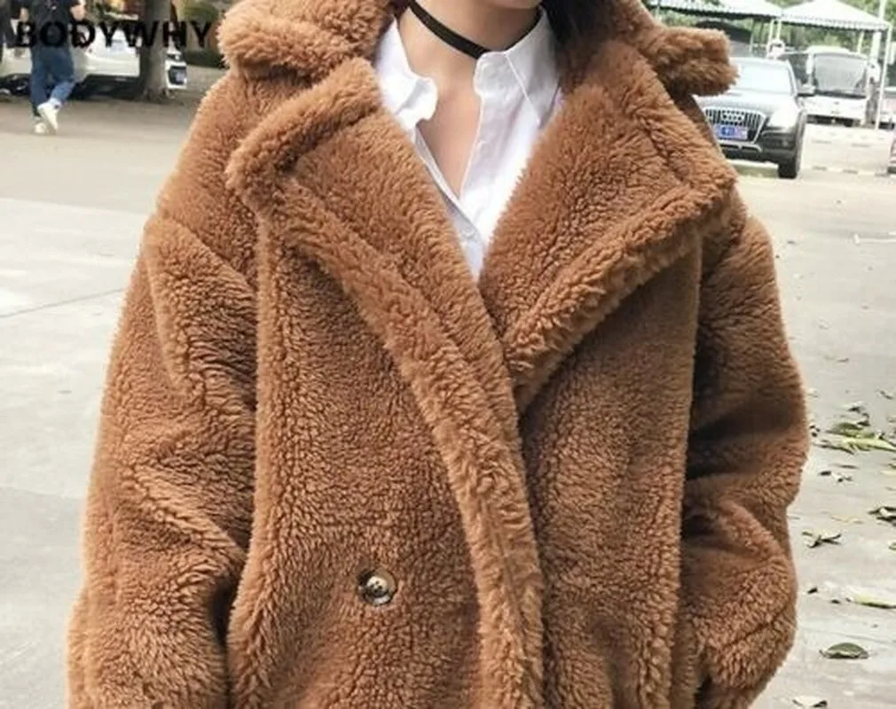 2020 Autumn Winter Casual Women Woolen Coat Teddy Long Overcoat Color Fashion Warm Loose Thicking Wool Blends Oversize Outwear